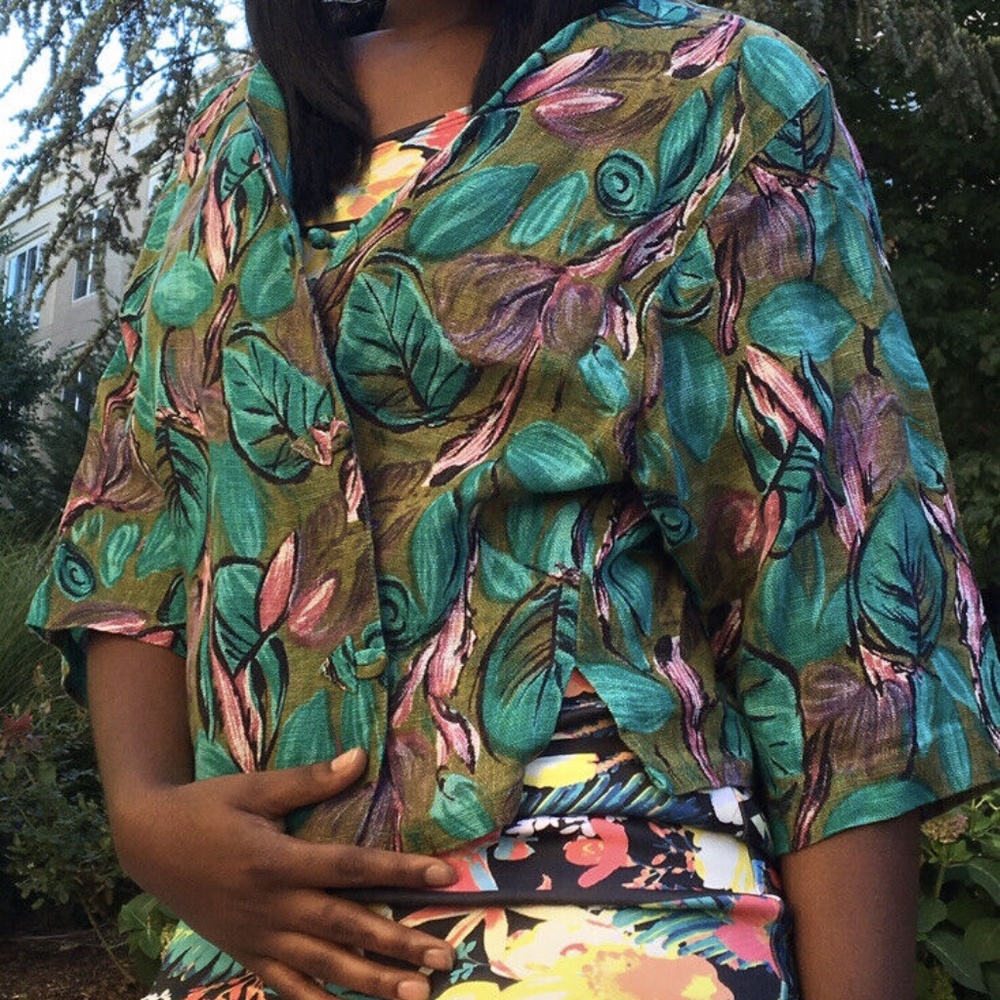 Lee Anse Ethnic Blouse Cardigan Top Linen Floral Retro Loose Vintage